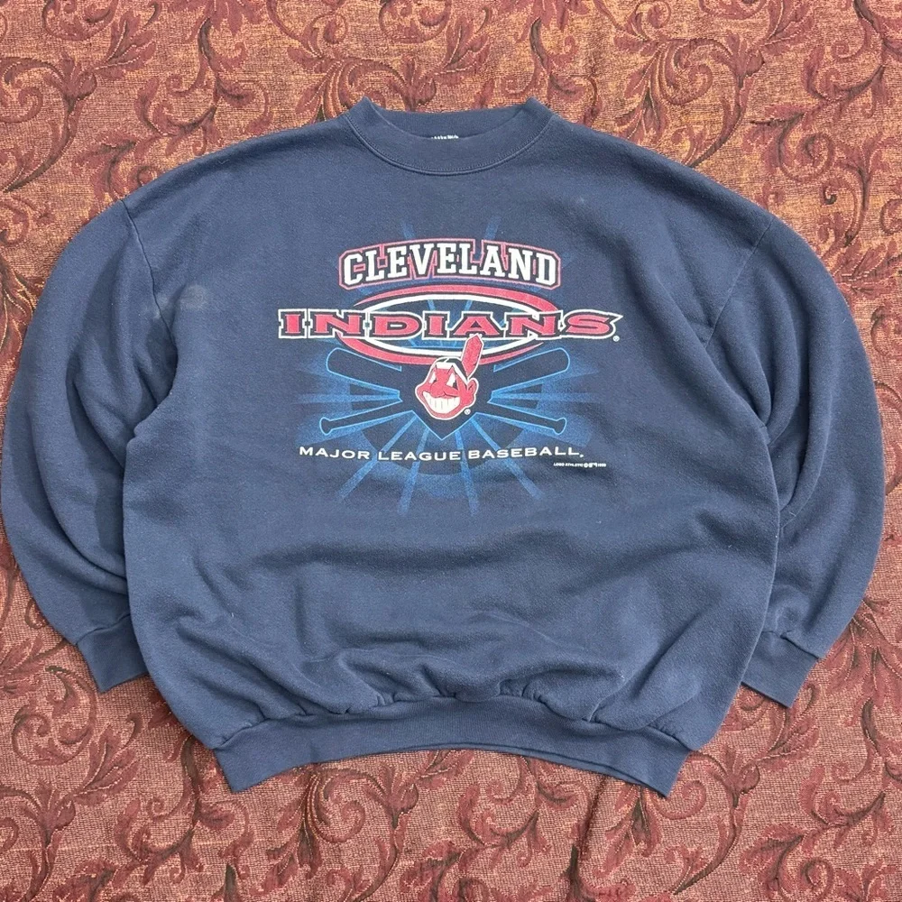 90s Logo 7 Cleveland Indians Crewneck Sweater - Picture 1 of 9
